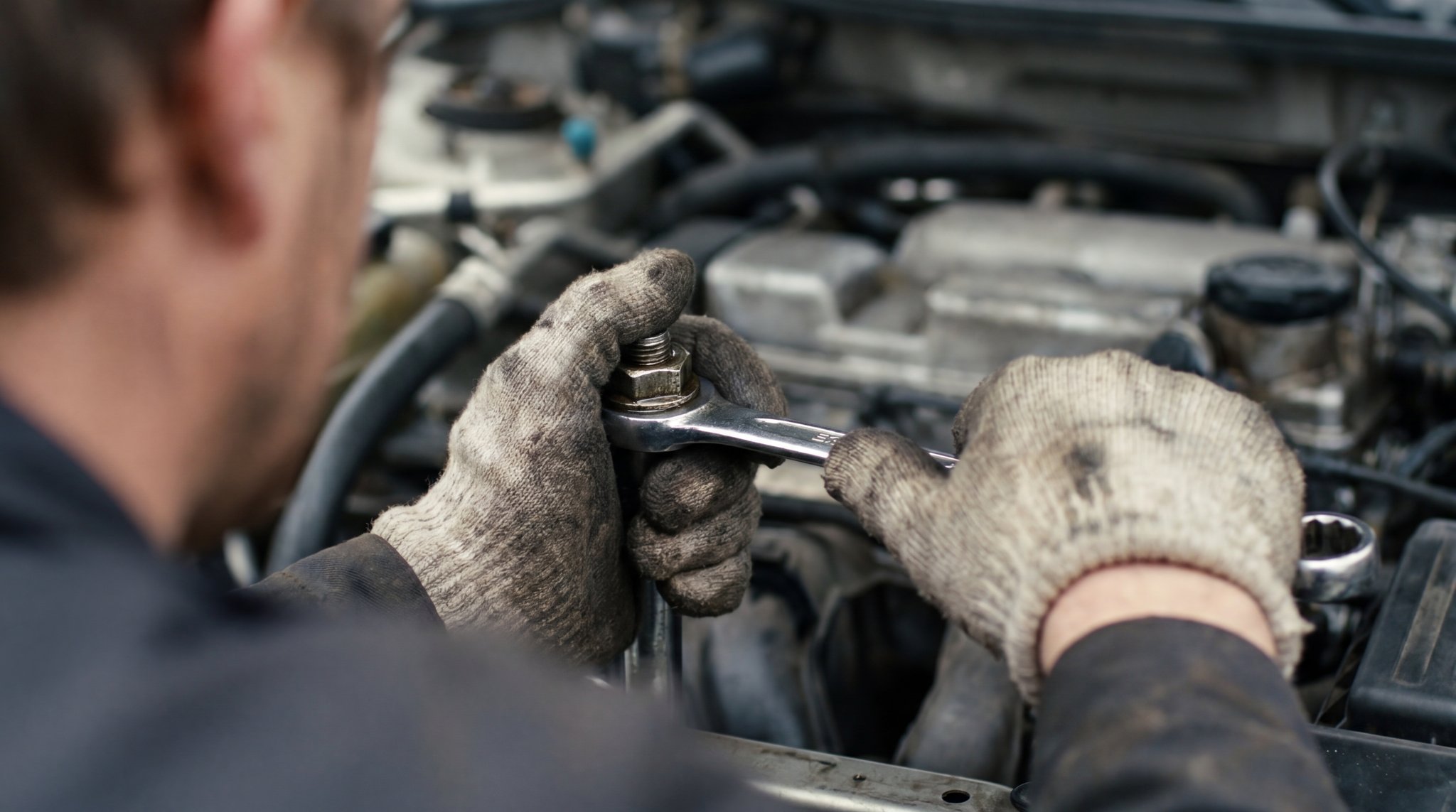 Hands on engine with wrench